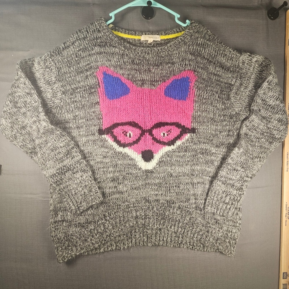 Rewind Fox with Glasses Graphic Knit Sweater Gray Pink XL NS297YJQK